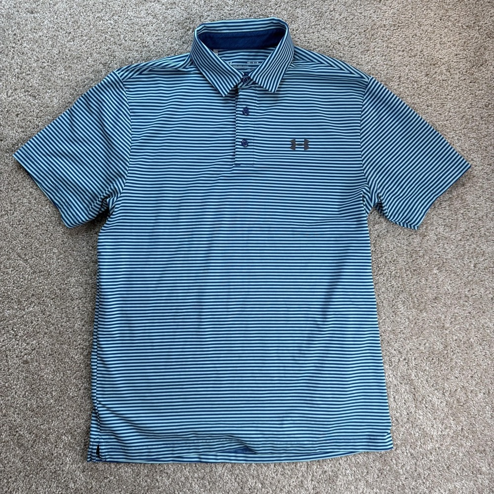 Under Armour HeatGear Polo Shirt Mens Medium Blue Stripe Short Sleeve Golf